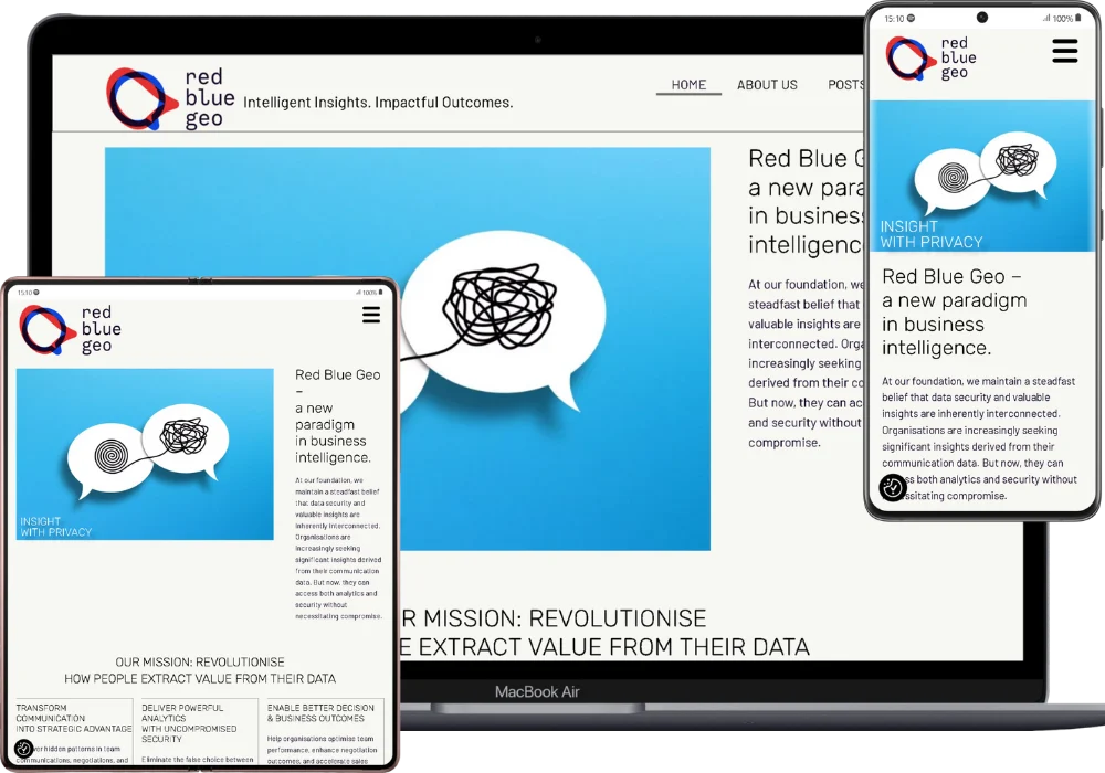 RedBlueGeo website mockup on laptop, tablet & smartphone screens
